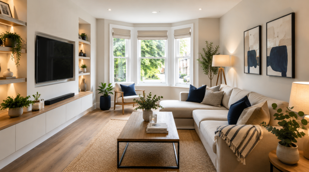 Bright modern living room with bay windows, sofa and built-in storage